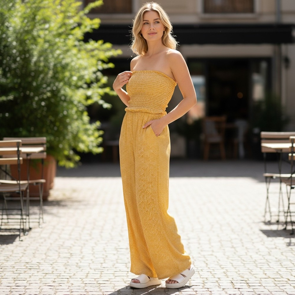 SHEIN Yellow Heart Print Smocked Strapless Wide Leg Jumpsuit Small Boho Summer